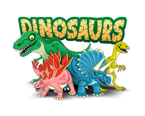 Illustration with funny dinosaurs on white background. © Lenan