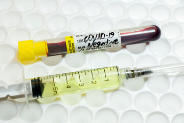 Medical needle and blood tube, corona virus or covid-19 vaccine.