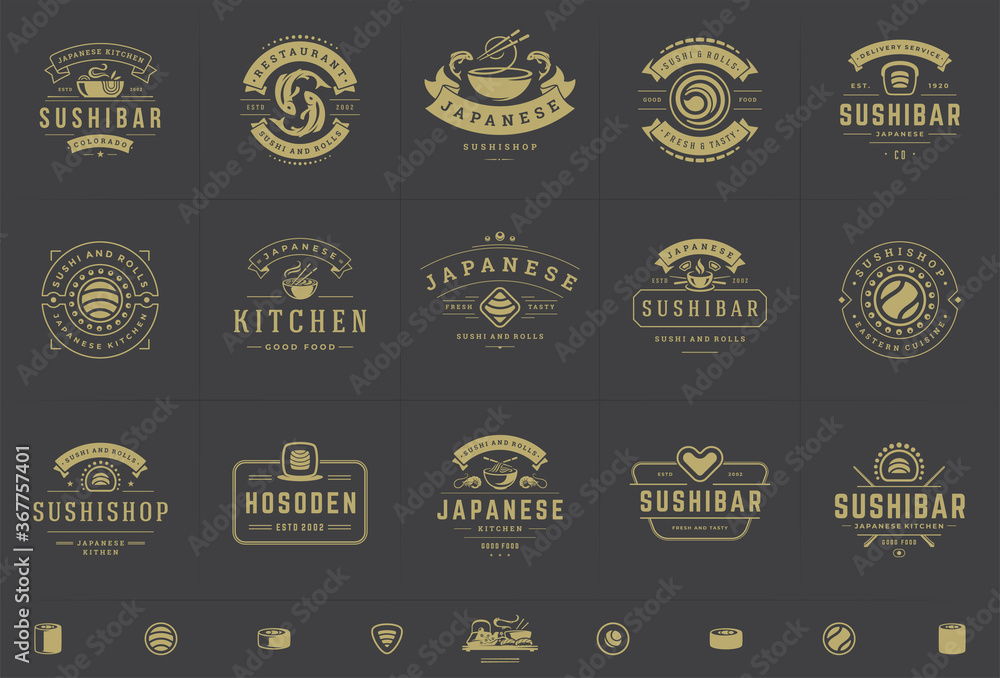 Wall mural sushi restaurant logos and badges set japanese food with sushi salmon rolls silhouettes vector illus