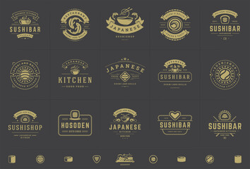 Sushi restaurant logos and badges set japanese food with sushi salmon rolls silhouettes vector illustration