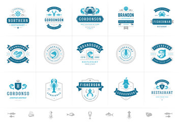 Seafood logos or signs set vector illustration fish market and restaurant emblems templates design