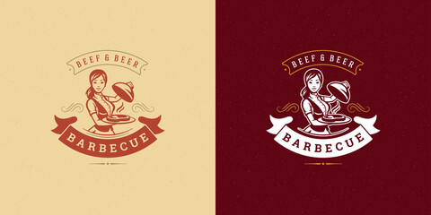 Barbecue logo vector illustration grill steak house or bbq restaurant menu emblem waitress with dish silhouette