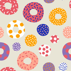 Fototapeta na wymiar Vector Colorful Abstract Donut Cake with Topping or Frosting Seamless Pattern for Packaging or Gift Wrapping Paper.