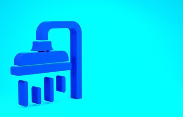Blue Shower head with water drops flowing icon isolated on blue background. Minimalism concept. 3d illustration 3D render.