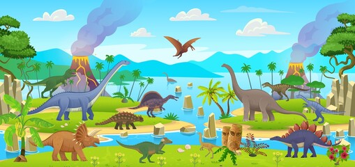 Big set of cartoon dinosaurs. Pterodactylus, ankylosaurus, stegosaurus, pachycephalosaurus, spinosaurus, tyrannosaurus, tarbosaurus, triceratops, gallimimus, amphicoelias, diplodocus, plateosaurus © NADEZHDA