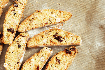 Traditional Italian almond biscotti cookies close up. Homemade sweet cantuccini, dry biscuits