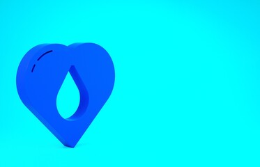 Blue Heart with water drop icon isolated on blue background. Minimalism concept. 3d illustration 3D render.