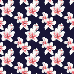 Tropical pattern on the blue background with plumeria flowers.