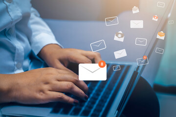 Email marketing and newsletter concept, woman sending message with mail communication connection message.