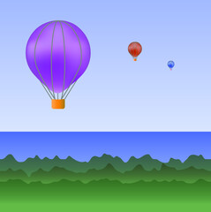 Obraz premium Balony latają nad lasem i morzem, ilustracji wektorowych