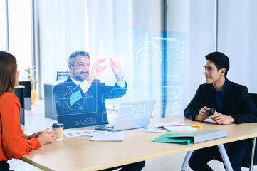 Business, technology, internet and network concept. A group of people works with a hologram on the screen 