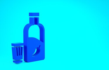 Blue Vodka with pepper and glass icon isolated on blue background. Ukrainian national alcohol. Minimalism concept. 3d illustration 3D render.