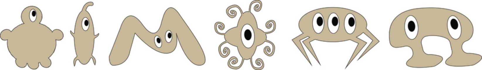 Funny monsters with eyes, funny aliens, bacteria