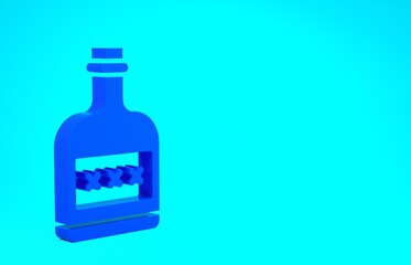 Blue Alcohol drink Rum bottle icon isolated on blue background. Minimalism concept. 3d illustration 3D render.