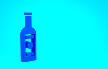 Blue Glass bottle of vodka icon isolated on blue background. Minimalism concept. 3d illustration 3D render.