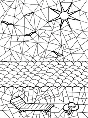 hand-drawn stained glass window, summer landscape, sea, sand, deck chair and seagull