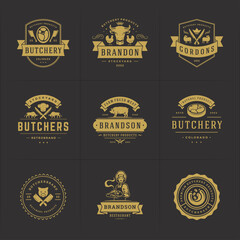 Butcher shop logos set vector illustration good for farm or restaurant badges with animals and meat silhouettes