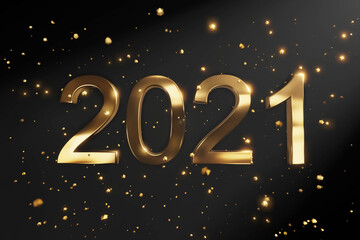 2021 Happy New Year. Holiday 3d sign illustration of gold metallic numbers 2021. Festive poster or banner design.