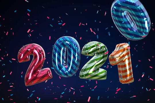 2021 Happy New Year. Holiday 3d Party sign illustration of bollon metallic color numbers 2020. Festive poster or banner design.