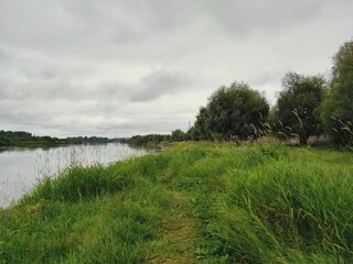 Fototapeta na wymiar gray cloudy sky over green river bank