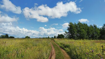 Naklejka premium country road among a green field with trees against a blue cloudy sky