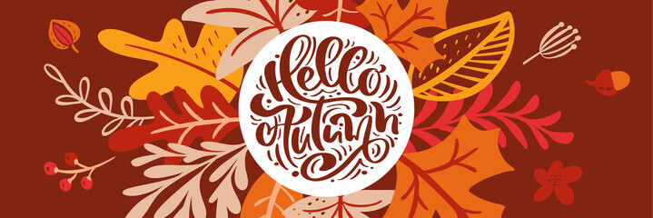 Greeting card with text Hello Autumn panoramic banner. Orange leaves of maple, september, october or november foliage, oak and birch tree, fall nature season banner design