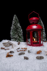 Red Christmas lantern on snow with small cones, christmas tree, log in front of a black background
