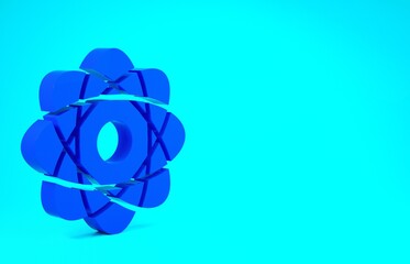 Blue Atom icon isolated on blue background. Symbol of science, education, nuclear physics, scientific research. Minimalism concept. 3d illustration 3D render.