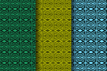 Set of Seamless pattern with rhombus, square, triangle, and diagonal lines. Abstract geometric background. Vector illustration.yellow, green and blue colors isolated on dark background. 