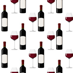 Dark glass bottle and glass of red wine background. Seamless pattern with alcohol drink.