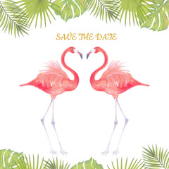 Watercolor template for wedding invintation with illustration of pink flamingo bird with tropical background of palms and leaves and flowers