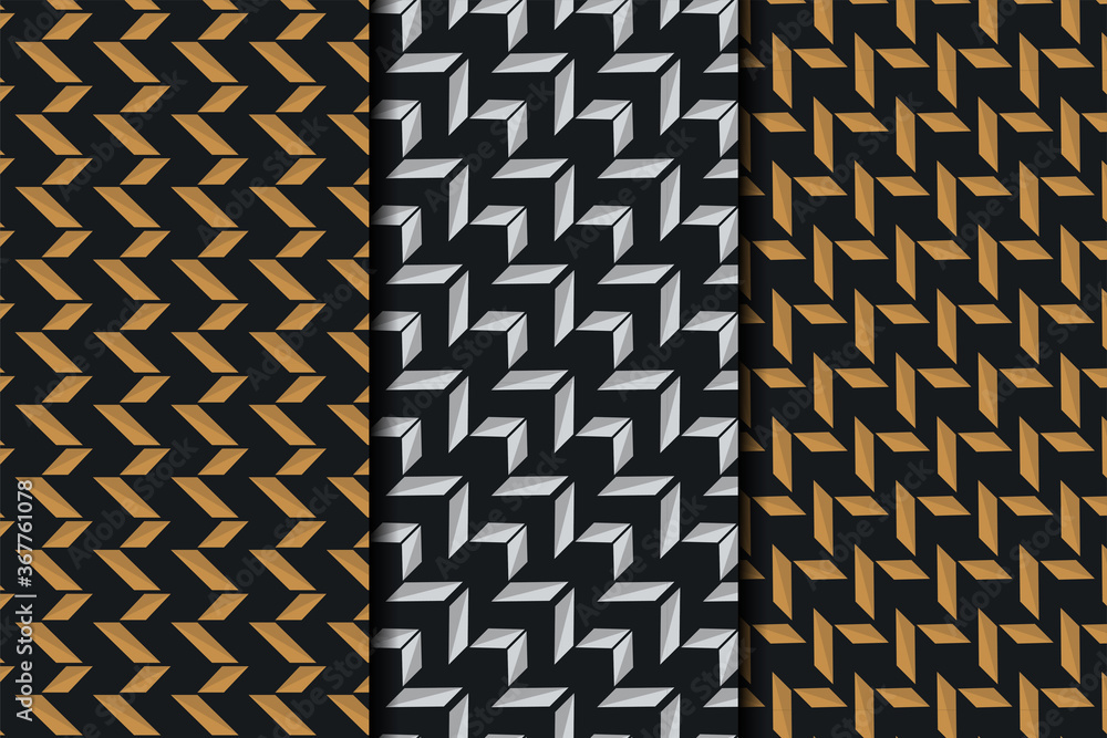Poster set of abstract seamless pattern of arrows. rhythmic structure of herringbone. monochrome stylish te