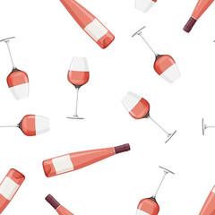 Elongated glass bottle and glass of rose wine background. Seamless pattern with alcohol drink.