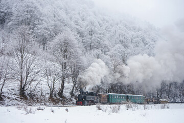 Winter landscape steam train from Romania 