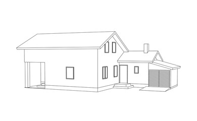 3D suburban house model. Drawing of the modern building. Cottage project on white background. Vector monochrome  blueprint.