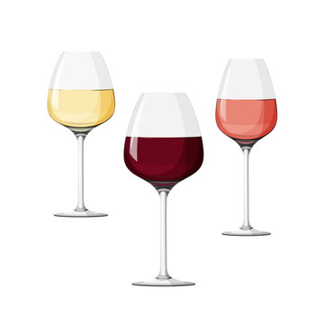 Set of three wineglasses, white, red and rose wine. Realistic vector collection.