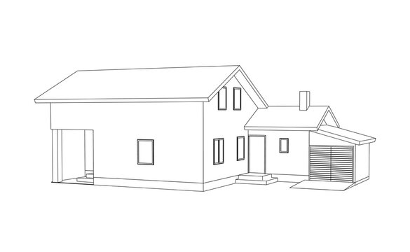 3D suburban house model. Drawing of the modern building. Cottage project on white background. Vector monochrome  blueprint.