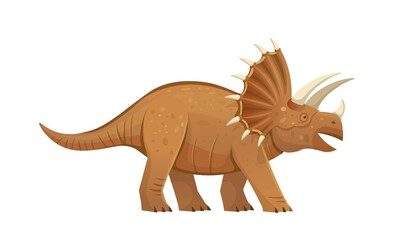 Triceratops was dangerous dinosaur. Triceratops bearing a large bony frill and three horns on the skull. Vector cartoon dinosaur. © NADEZHDA