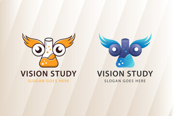 Set of vision study logo design template. Combination of eye, wing and reaction tube. two style are flat and gradient colors.