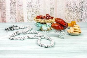 The Muslim feast of the holy month of Ramadan . Beautiful background with a shining lantern and...
