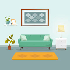 Modern living room Interior. Vector banner. Retro modern home interior design and decor accessories.