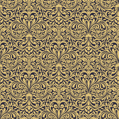 Seamless background baroque style brown and gold color. Vintage Pattern. Retro Victorian. Ornament in Damascus style. Elements of flowers, leaves. Vector illustration. - 367762217
