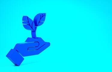 Blue Plant in hand of environmental protection icon isolated on blue background. Seed and seedling. Planting sapling. Minimalism concept. 3d illustration 3D render.
