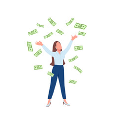 Business woman throwing cash up flat color vector faceless character