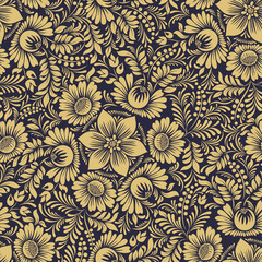 Seamless background baroque style brown and gold color. Vintage Pattern. Retro Victorian. Ornament in Damascus style. Elements of flowers, leaves. Vector illustration. - 367762624