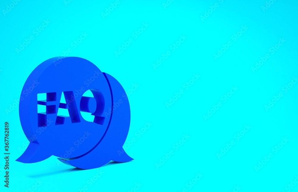 Fototapete blue speech bubble with text faq information icon isolated on blue background. circle button with te