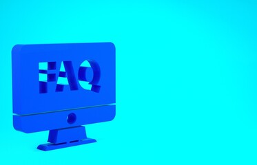 Blue Computer monitor and FAQ icon isolated on blue background. Adjusting, service, setting, maintenance, repair, fixing. Minimalism concept. 3d illustration 3D render.