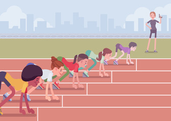 Female athletes ready for competition. Young sporty people wearing sportswear on start for running long-distance race, beginning jogging competition, sprinting. Vector flat style cartoon illustration