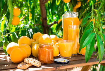 still life of ripe appetizing yellow peaches and marmalade on table in garden