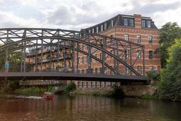 The Koenneritz Bridge in Leipzig photographed from the river Weisse Elster. Saxony. Germany